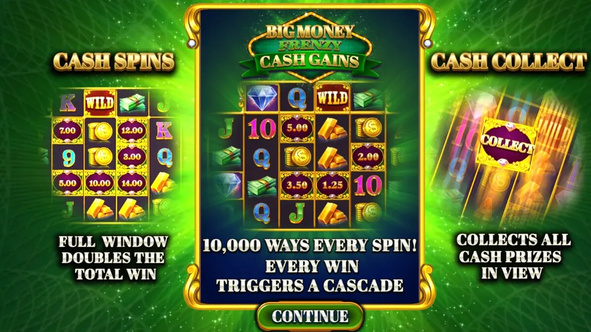 Big Money Frenzy Cash Gains slot machine interface with gold bars and cash symbols