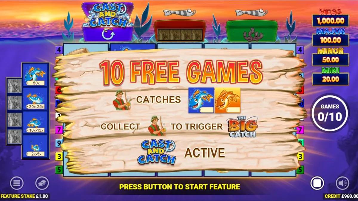 Tampilan visual slot Fishin Frenzy Lure Em In dengan latar belakang danau dan simbol memancing.